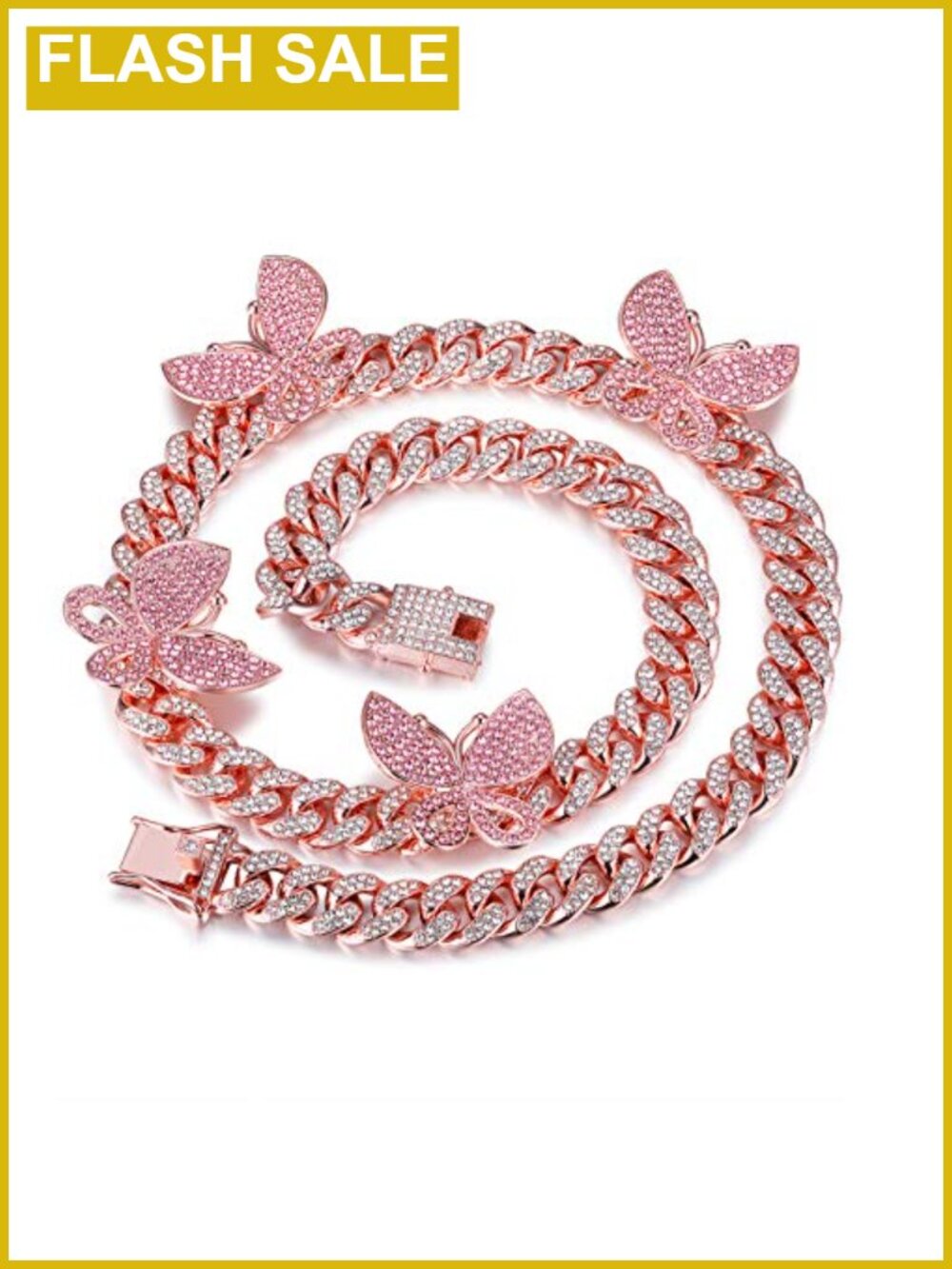 Butterfly Cuban Link Necklace with Crystal Iced Bling in Gold Plated, 13mm